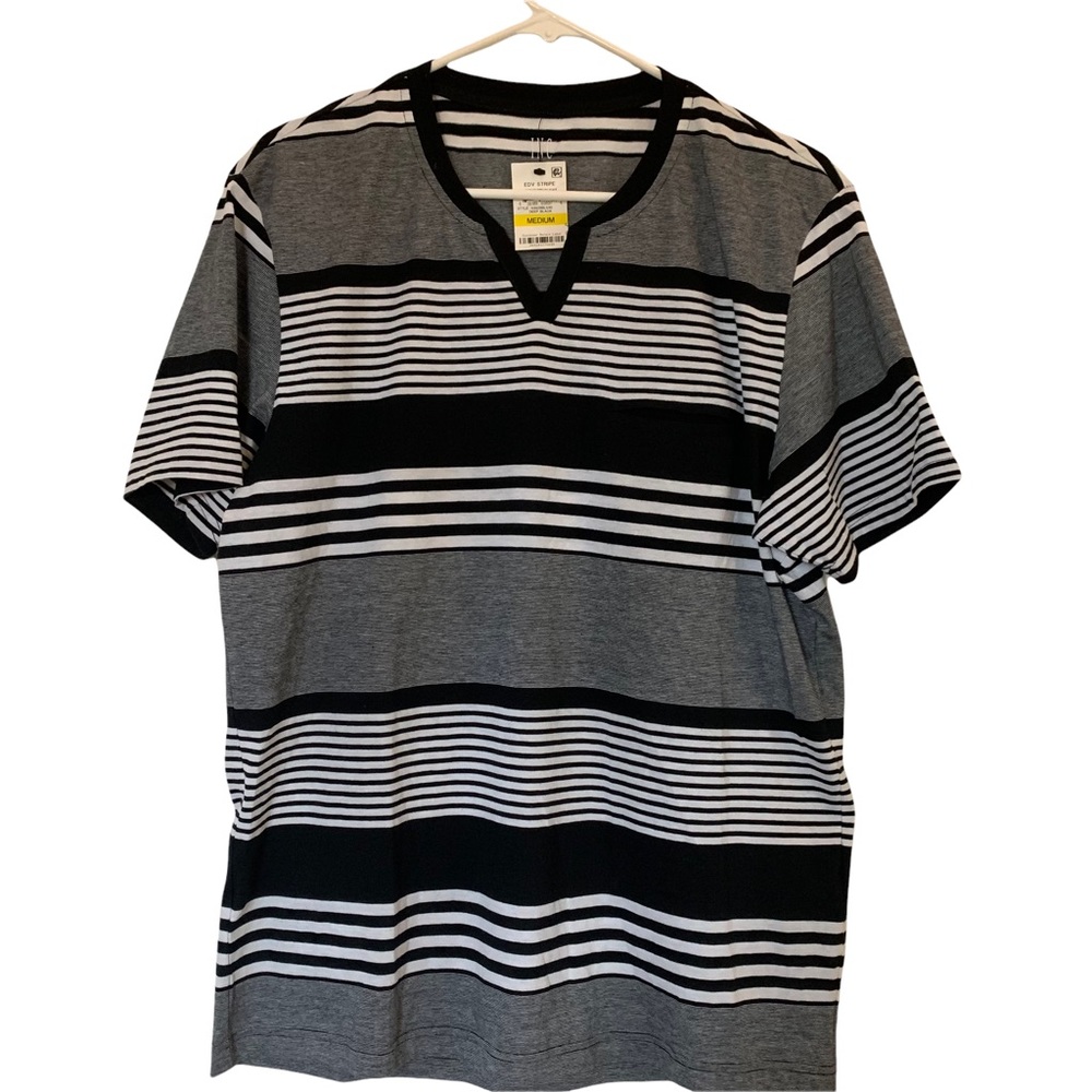 INC T-Shirt Striped V-Neck Short Sleeve Black and White * Medium
